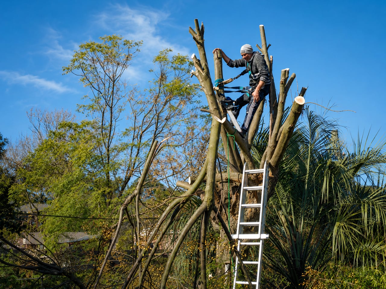 Integrante del equipo realizando trabajo de poda en altura
